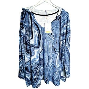 LuLaRoe ELIZA Long Sleeve V-neck Hoodie Side Slits Tie Dye Watercolor Print NEW